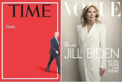 美国《时代》周刊公布的8月5日出版的杂志封面：在红色背景下，美国总统拜登正走出画面，旁边配文是“恐慌” ...